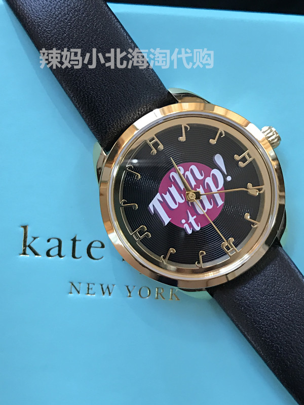 现货美国kate spade 黑色复古唱片皮带女士手表新款潮学生