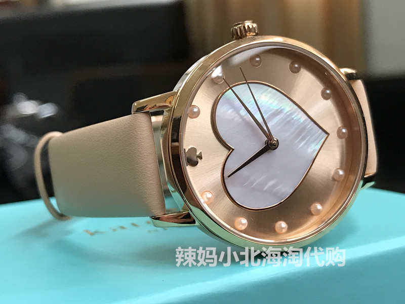 现货美国Kate Spade 1254 裸粉色皮带心形珍珠女士手表
