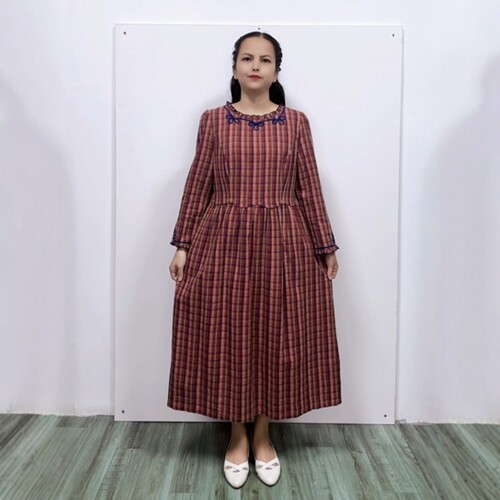 淑女风A字摆棉麻格子中长连衣裙