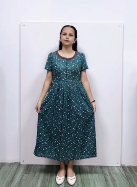 淑女风A字摆棉布碎花中长连衣裙