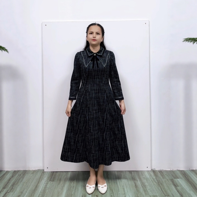 淑女风A字摆聚酯黑色中长连衣裙