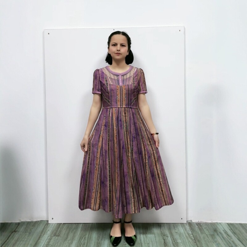 淑女民族风A字摆条纹中长连衣裙