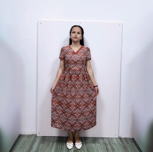 淑女风A字摆绢丝碎花中长连衣裙