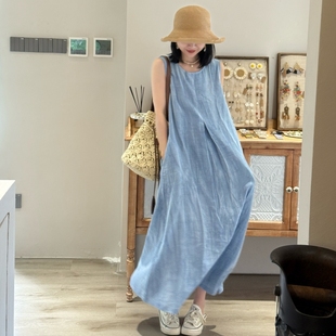 宽松大摆无袖 茶歇温柔褶皱扎染背心连衣裙夏季 云山蓝 长裙 法式