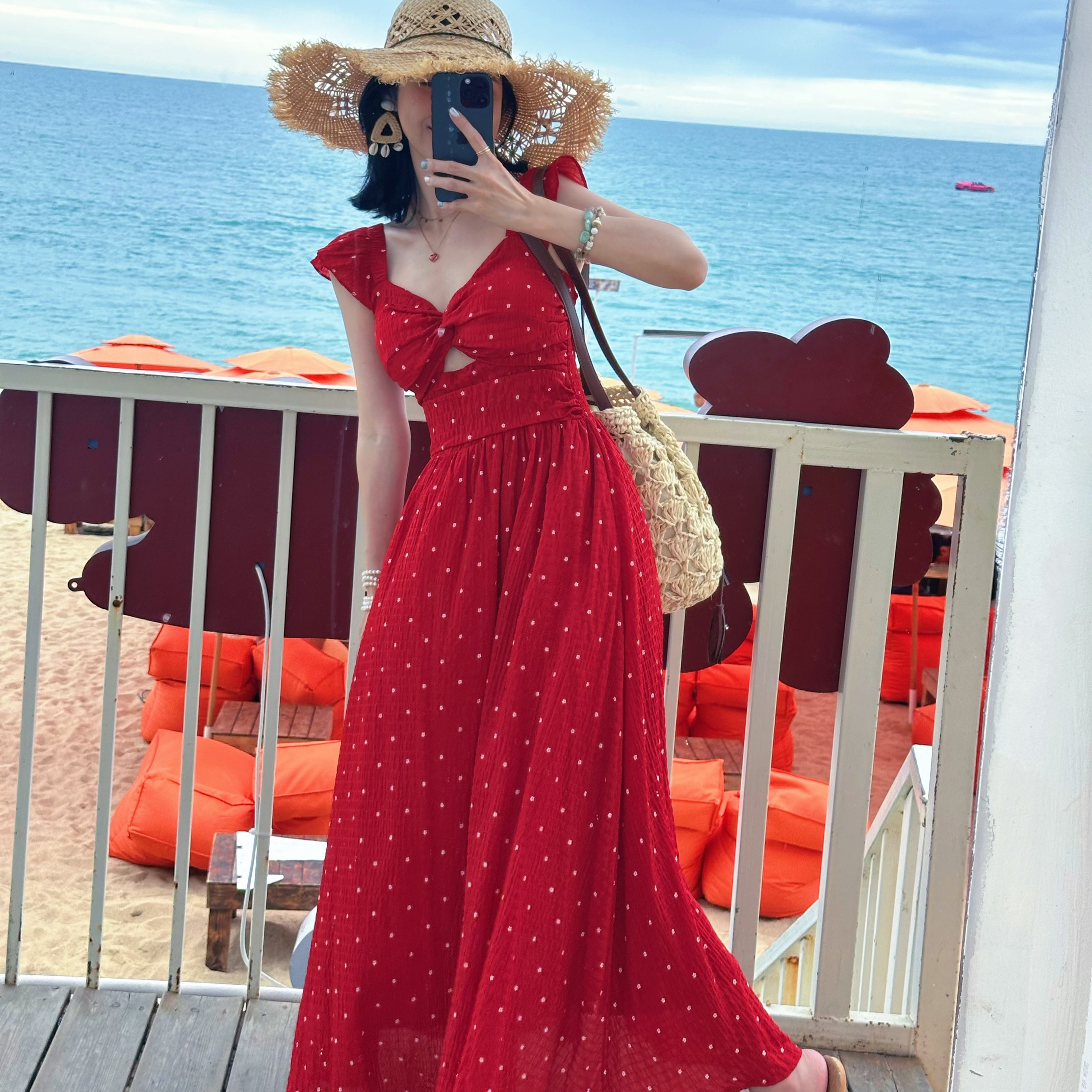 吴零零【卡罗拉】小飞袖波点印花连衣裙法式红色度假长裙