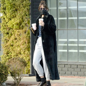 Dakota Johnson冬仿水貂毛过膝大衣加厚保暖宽松皮草款 风衣可立领