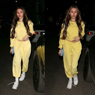Madison Beer啤酒妹同款黄色宽松露脐短上衣+高腰弹力裤套装女