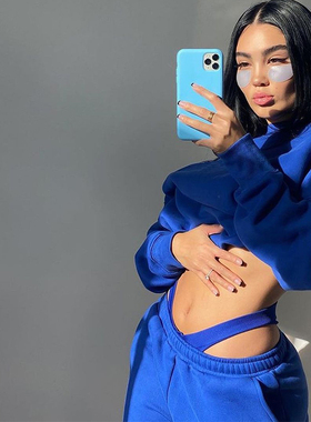 Ins名模同款欧美风显瘦深蓝色宽松套头卫衣+高腰弹力裤套装2025