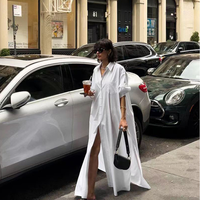 博主同款超长纯色开叉连衣裙脚裸