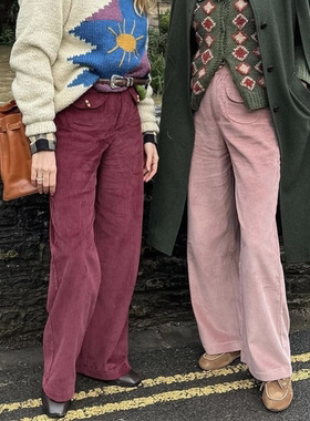 法式复古藕粉色灯芯绒裤子女阔腿裤小个子高腰直筒裤条纹休闲长裤