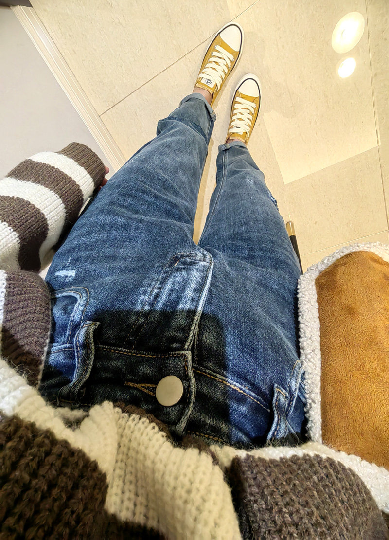 捡漏！锥版小垮裤港风ins小破洞高腰弹力小脚牛仔裤女70635
