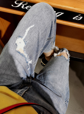 捡漏！夏超薄软牛仔破洞显瘦做旧垮裤9分牛仔裤女宽松萝卜裤70735
