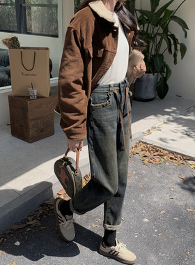 加大加肥！巨显瘦万向弹200斤胖mm大码加厚植绒直筒牛仔裤女68010