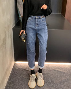 显瘦百搭女欧洲站破洞萝卜裤 韩国新款 宽松垮裤 大码 9022 高腰牛仔裤