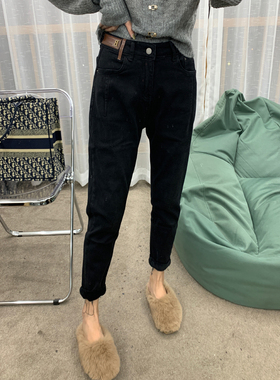 爆显瘦哦！秋冬新款纯黑胖m大码高腰小脚牛仔裤女宽松哈伦裤70575