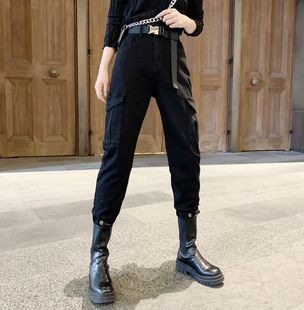 福利巨显瘦!黑色工装裤女嘻哈宽松日系原宿风束脚哈伦裤裤子53657