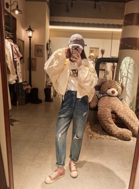 做旧复古显瘦韩系小脚破洞牛仔裤女秋新款宽松高腰休闲小个子516