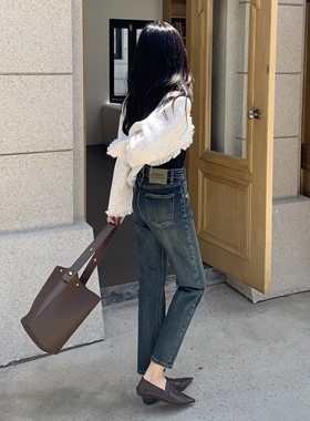 洋气法棍裤！秋季高腰复古色巨显瘦直筒烟管裤九分牛仔裤女15061