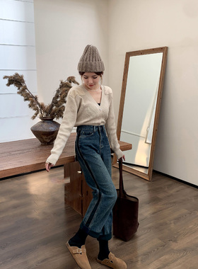 设计感潮流撞色！加绒秋冬百搭宽松直筒牛仔裤阔腿裤男友裤88023