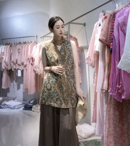 深圳南油复古 洋气飘带V领无袖背心女抽象印花高级感苎麻显瘦上衣