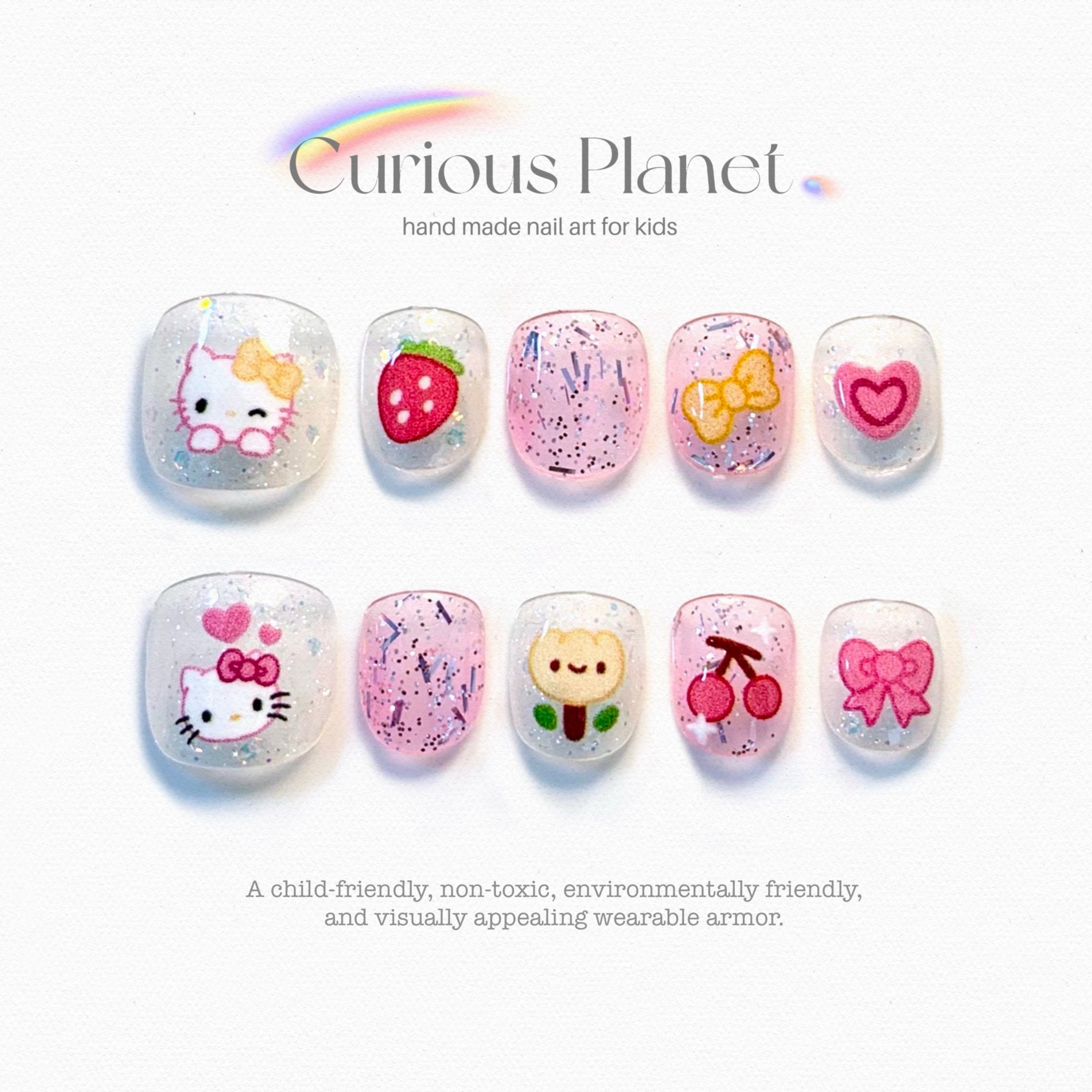 儿童假指甲短款穿戴甲粉色凯蒂猫kitty亮片送工具包不伤甲卡通甲