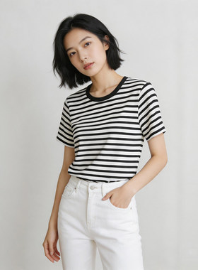 纯棉圆领短袖t恤女士经典条纹薄