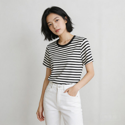 纯棉圆领短袖t恤女士经典条纹薄