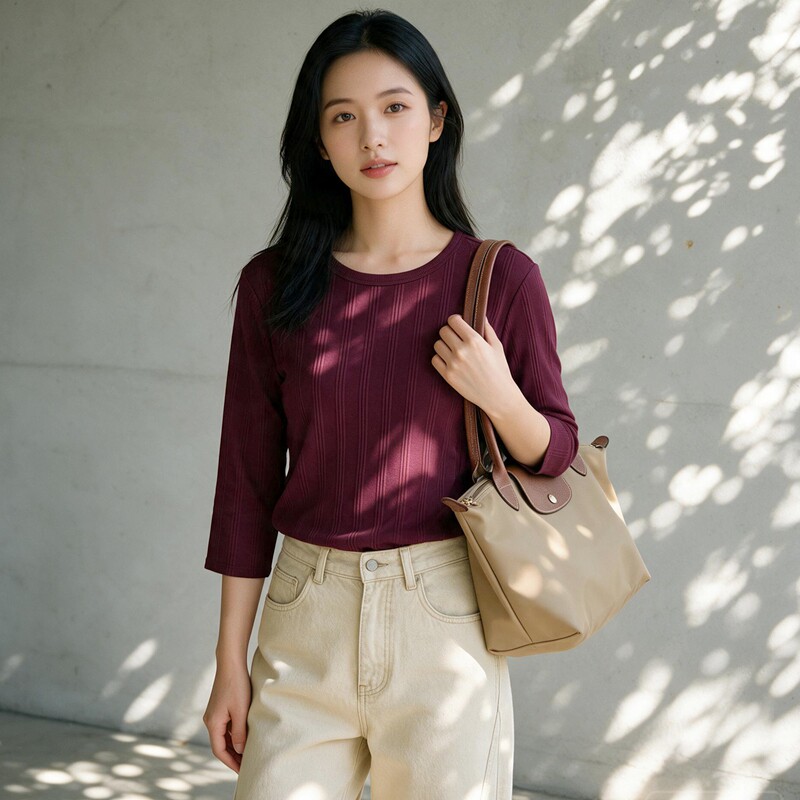 螺纹坑条七分袖弹力打底衫女士圆领长袖t恤纯棉T恤全棉打底衫修身