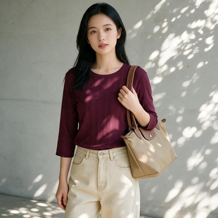 螺纹坑条七分袖弹力打底衫女士圆领长袖t恤纯棉T恤全棉打底衫修身