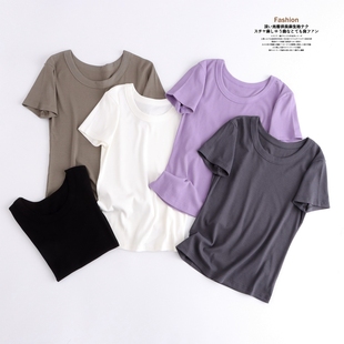 优可丝女士短袖t恤大圆领弹力修身显瘦木源纤维薄款螺纹T恤夏半袖