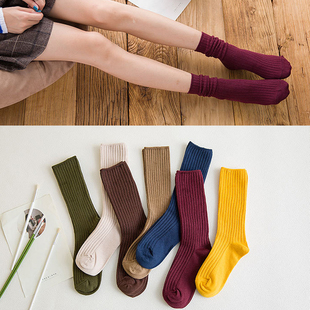 双针女士袜子纯棉堆堆袜抽条纯色女袜秋冬长筒棉ins潮松口复古