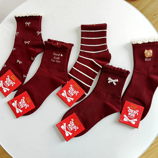 新年红袜子女士本命年中筒袜大红色棉袜喜庆过年弹力舒服不勒
