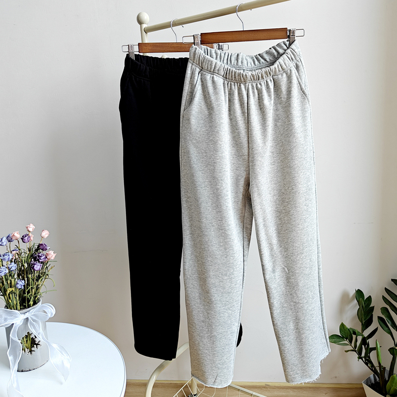 纯棉毛圈直筒裤女士阔腿裤子卫裤宽松中腰松紧腰春秋裤子休闲大码