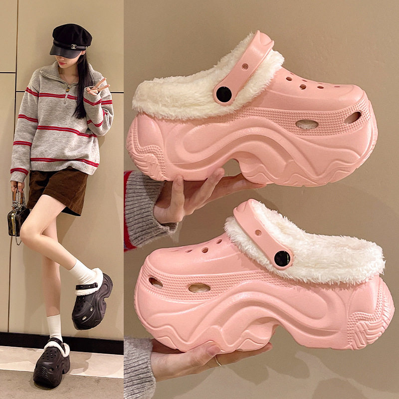 加绒高跟10CM洞洞鞋女外穿冬季厚底增高保暖可拆卸毛绒棉拖鞋冬天