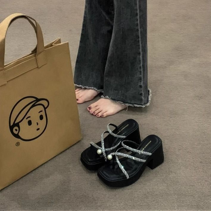 小个子拖鞋女夏外穿2025新款粗跟高级感法式绝美增高厚底高跟凉鞋