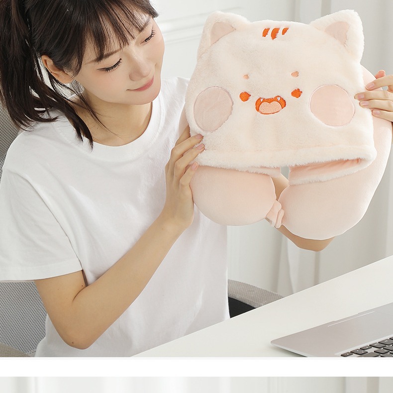 卡通连帽u型枕遮光护颈枕办公室午睡枕飞机高铁旅行枕工厂批发
