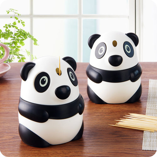 可爱熊猫创意自动牙签盒手压式家用客厅塑料牙签筒随身便携牙签罐