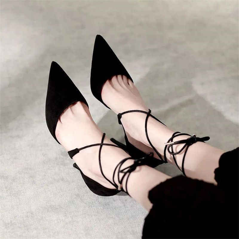 2021春秋新款小清新法式少女高跟鞋尖头交叉绑带细跟绒面时尚单鞋