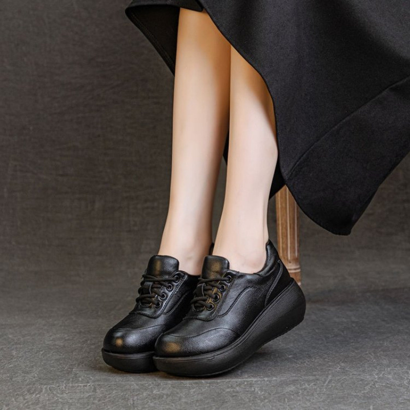 软皮厚底深口单鞋春秋系带平底中年妈妈鞋松糕底舒适坡跟皮鞋批发