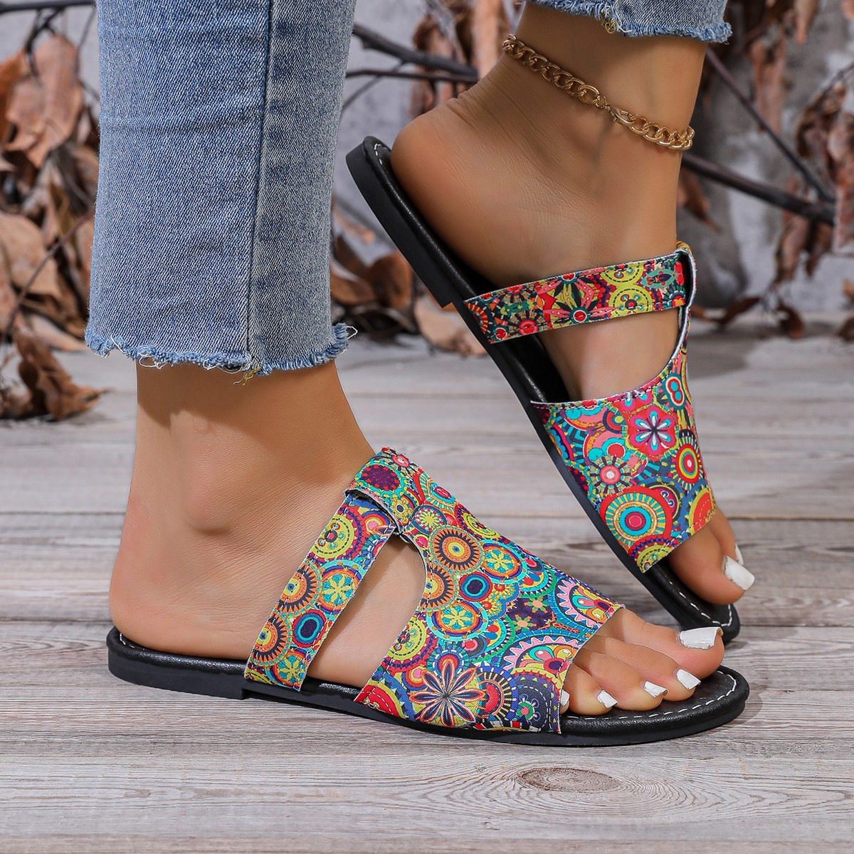 跨境2025夏新款透气印花拼色罗马风格凉鞋女欧美风平底凉拖鞋批发