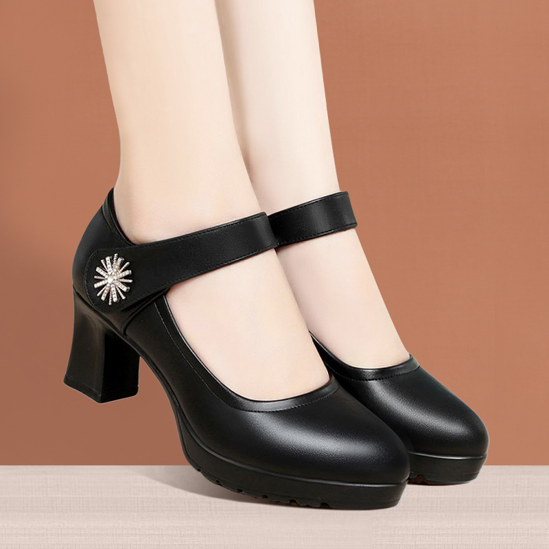 旗袍走秀高跟鞋女不累脚真皮厚底单鞋中年妈妈中跟跳舞鞋软底