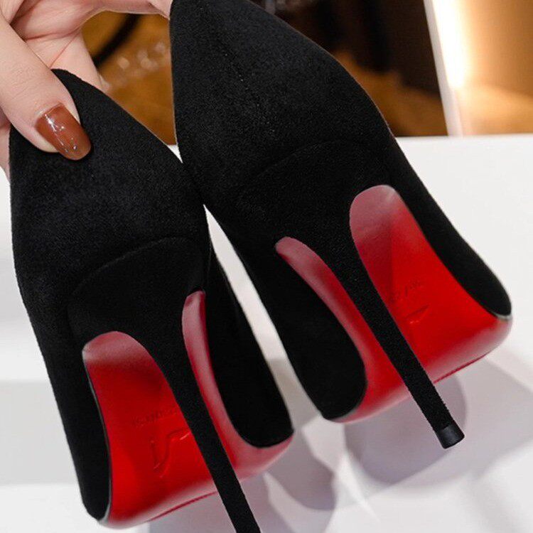 黑色红底高跟鞋女细跟秋冬2025新款气质性感尖头通勤pu皮职业单鞋