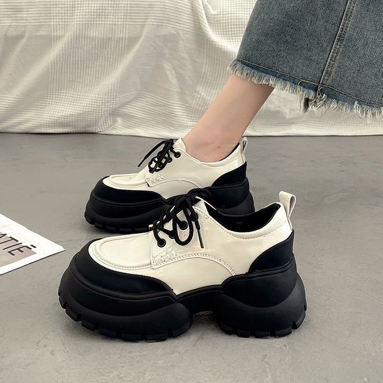 法式厚底增高小皮鞋女秋季单鞋2023新款百搭英伦风深口松糕乐福鞋