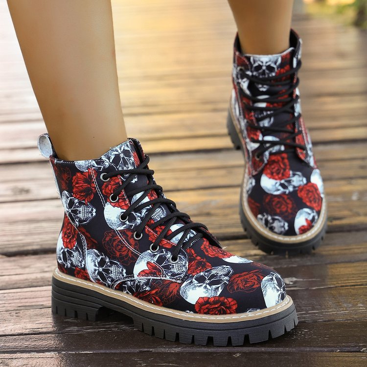 2025秋款欧美新款松糕厚底炫彩高帮休闲女鞋大码系带马丁靴女