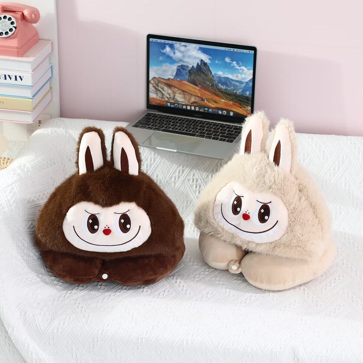 可爱卡通拉布布毛绒U型枕连帽护颈枕旅行便携飞机枕睡觉枕头礼物