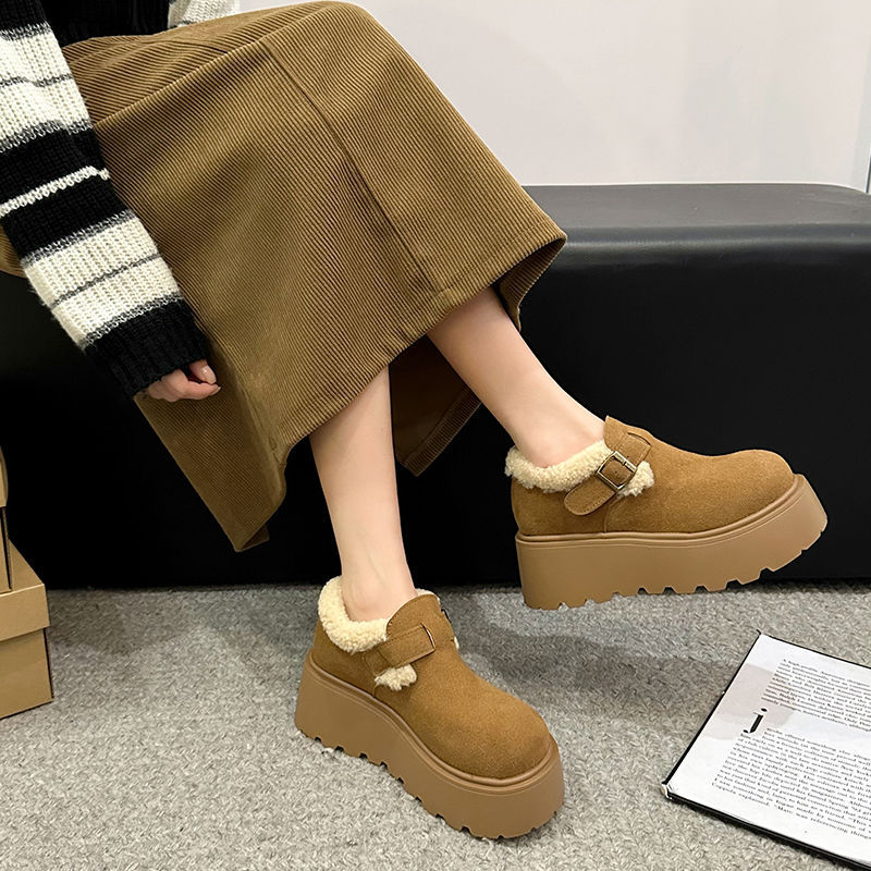复古英伦风圆头厚底勃肯鞋2025年新款加绒加厚乐福鞋鞋子加绒棉鞋
