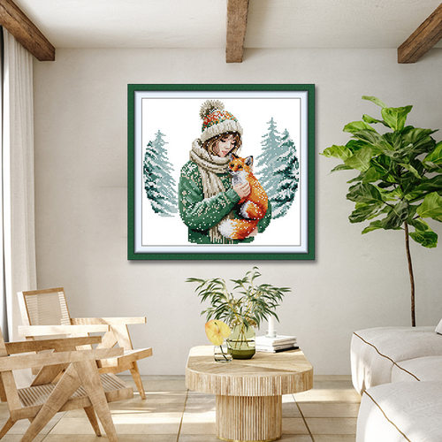 NKF新款 十字绣线绣人物系列女孩与狐狸 DIY刺绣卧室材料批发代发