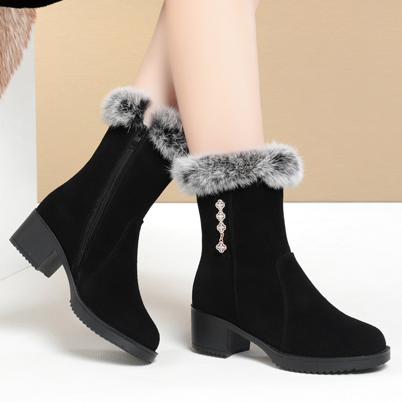 新款冬季坡跟雪地靴女棉靴女厚底软皮靴子加绒保暖防滑中筒靴粗跟