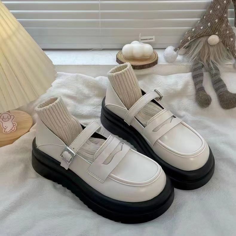小个子增高厚底白色小皮鞋女2023年秋季新款日系jk百搭玛丽珍鞋