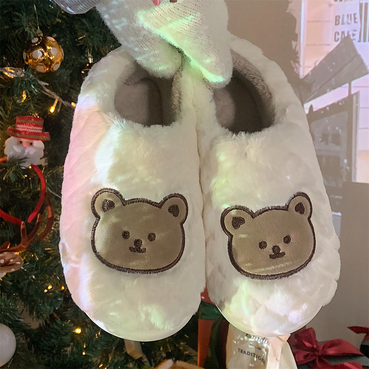 可爱卡通小熊毛绒鞋女冬季情侣少女心居家防滑保暖全包跟棉拖鞋男